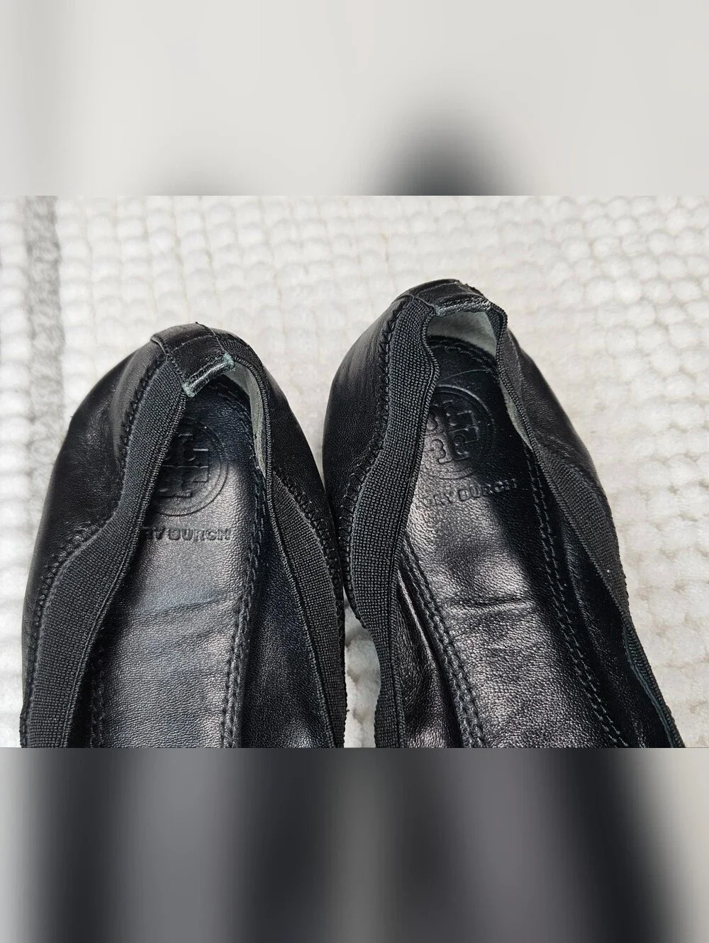 Tory Burch Ballet Flats Size-8 Black Gold Leather Jolie Stretch Shoes.